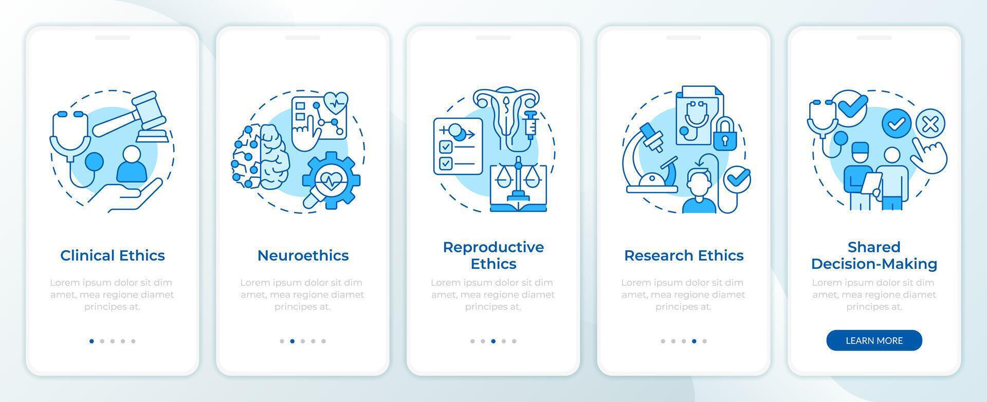 específico áreas dentro bioética azul onboarding Móvel aplicativo tela. passo a passo 5 passos editável gráfico instruções com linear conceitos. interface do usuário, ux, gui modelo. Monserrate seminegrito, regular fontes usava vetor