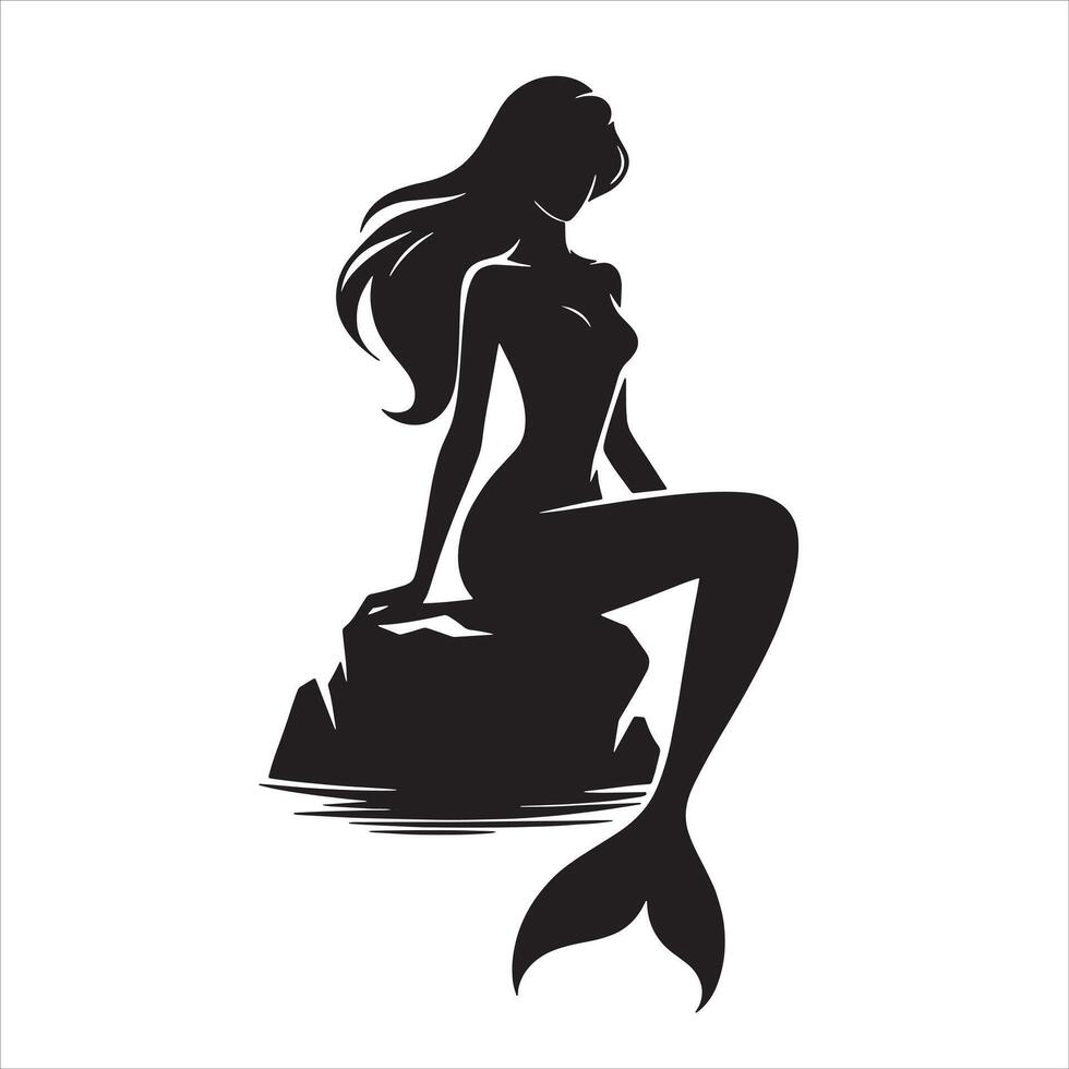 uma sereia é sentado em uma Rocha silhueta ilustração vetor