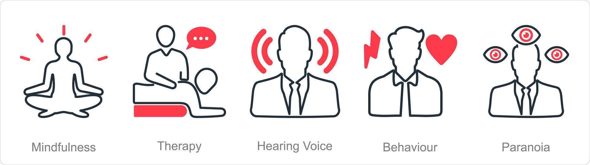 uma conjunto do 5 mental saúde ícones Como atenção plena, terapia, audição voz vetor