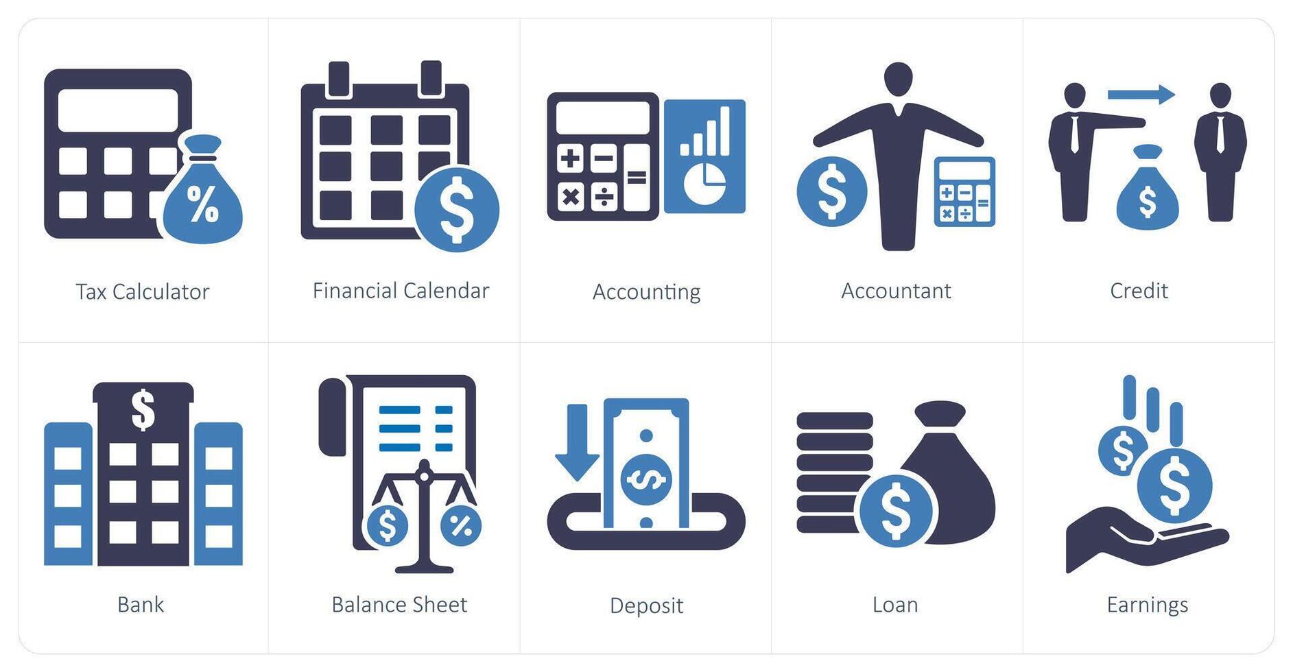 uma conjunto do 10 contabilidade ícones Como imposto calculadora, financeiro calendário, contabilidade vetor