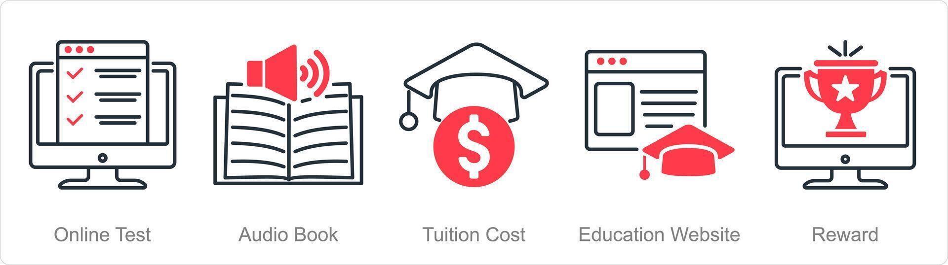 uma conjunto do 5 conectados Educação ícones Como conectados teste, audio livro, taxa escolar custo vetor