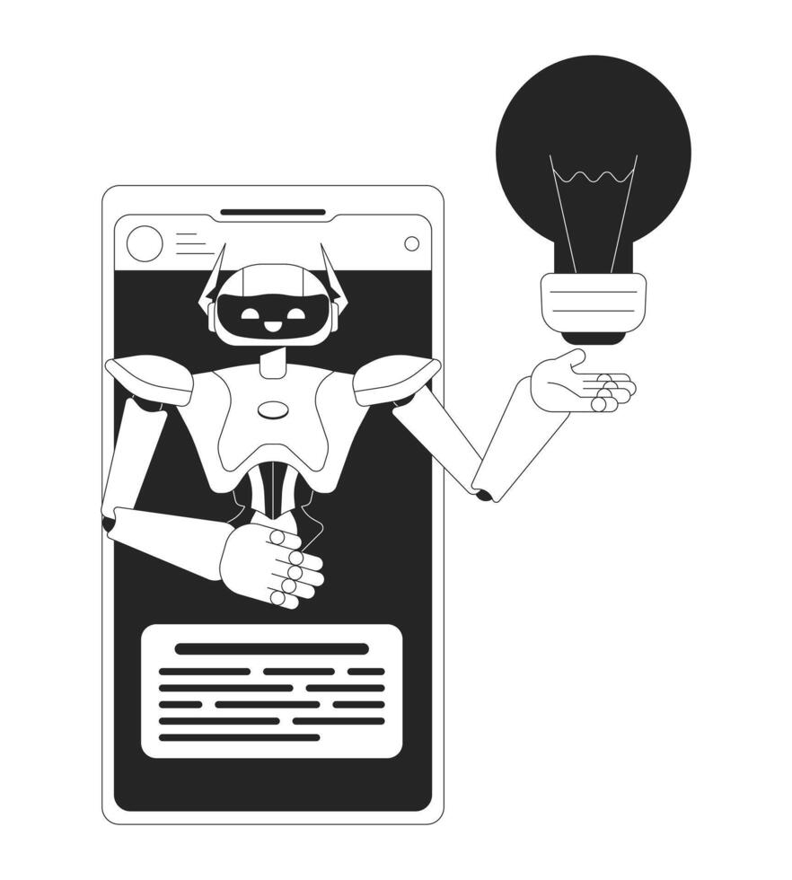 ai assistente celular Preto e branco 2d linha desenho animado objeto. idéia geração algoritmo Móvel telefone isolado esboço item. artificial inteligência chatbot monocromático plano local ilustração vetor