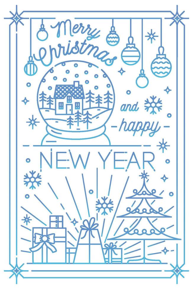 alegre Natal e feliz Novo ano cumprimento cartão modelo com festivo decorações desenhado dentro linha arte estilo - flocos de neve, decorado abeto, presentes, bugigangas, neve globo. monocromático ilustração. vetor
