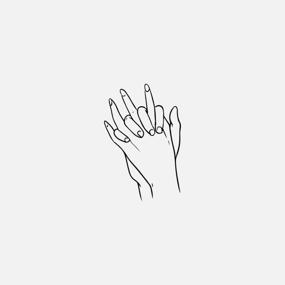 dois mãos com intertravado ou entrelaçados dedos mão desenhado de Preto contorno linhas em branco fundo. símbolo do amor, fechar relação, confiar, ternura, apoiar. monocromático ilustração. vetor