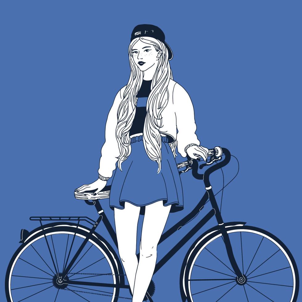 jovem cabeludo mulher vestido dentro na moda roupas inclinado dela costas em cidade bicicleta. à moda menina com bicicleta desenhado com contorno linhas em azul fundo. rua estilo roupa. ilustração. vetor