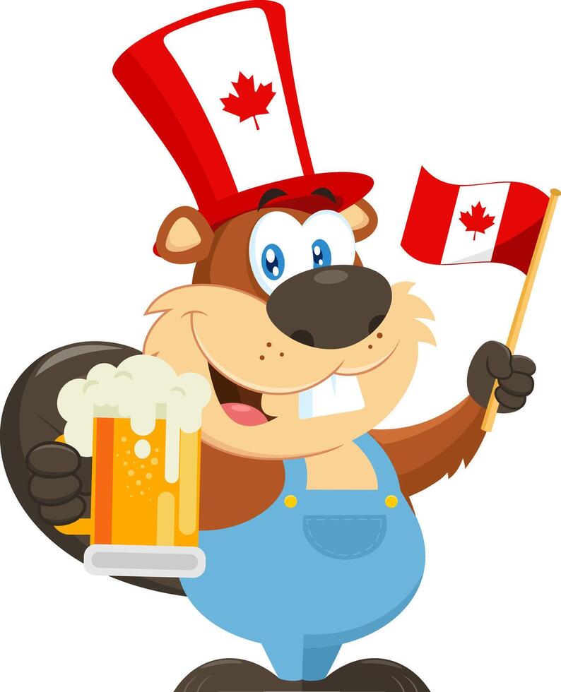 patriótico Castor desenho animado personagem segurando caneca do Cerveja e acenando canadense bandeira vetor