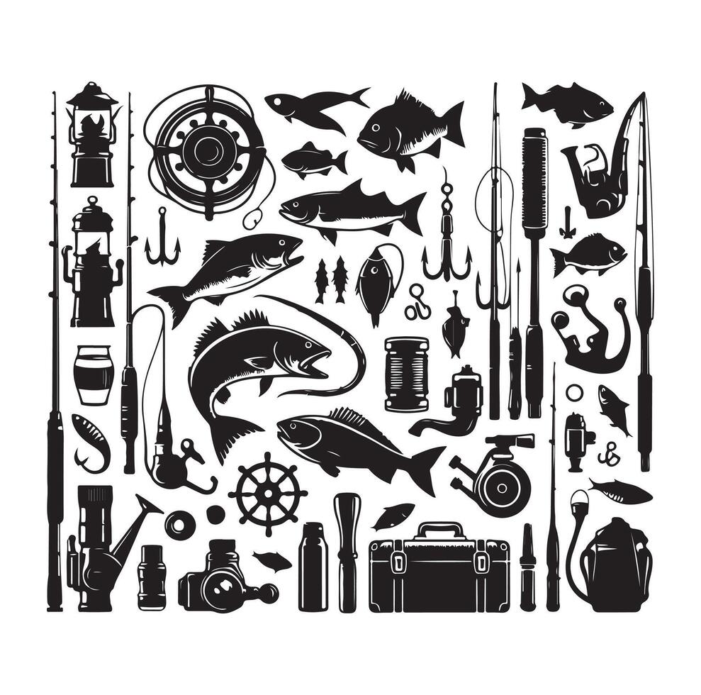 pescaria elementos ícone ilustração silhuetas vetor