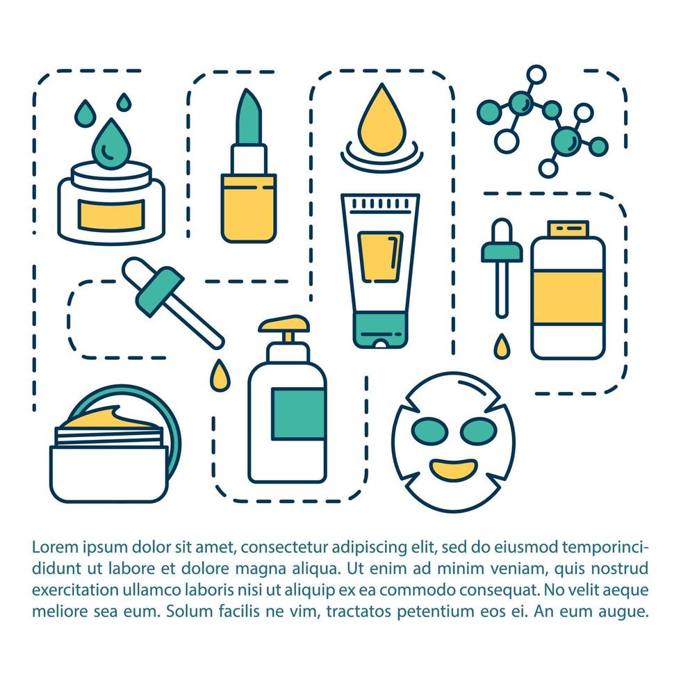 ícone de conceito de produtos para a pele com texto. cosmético e maquiagem. loção hidratante. toner de limpeza. modelo de vetor de página ppt. folheto, revista, elemento de design de livreto com ilustrações lineares