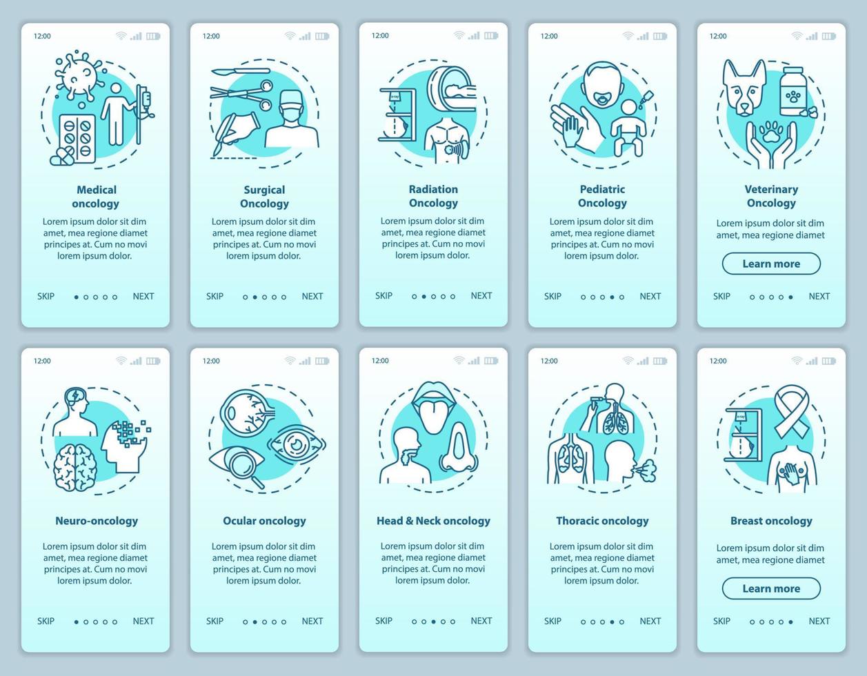 tela da página do aplicativo móvel onboarding da oncologia com conceitos. câncer ocular. neuro-oncologia. instruções gráficas das etapas do passo a passo do tratamento da doença. modelo de vetor ui com ilustrações coloridas rgb