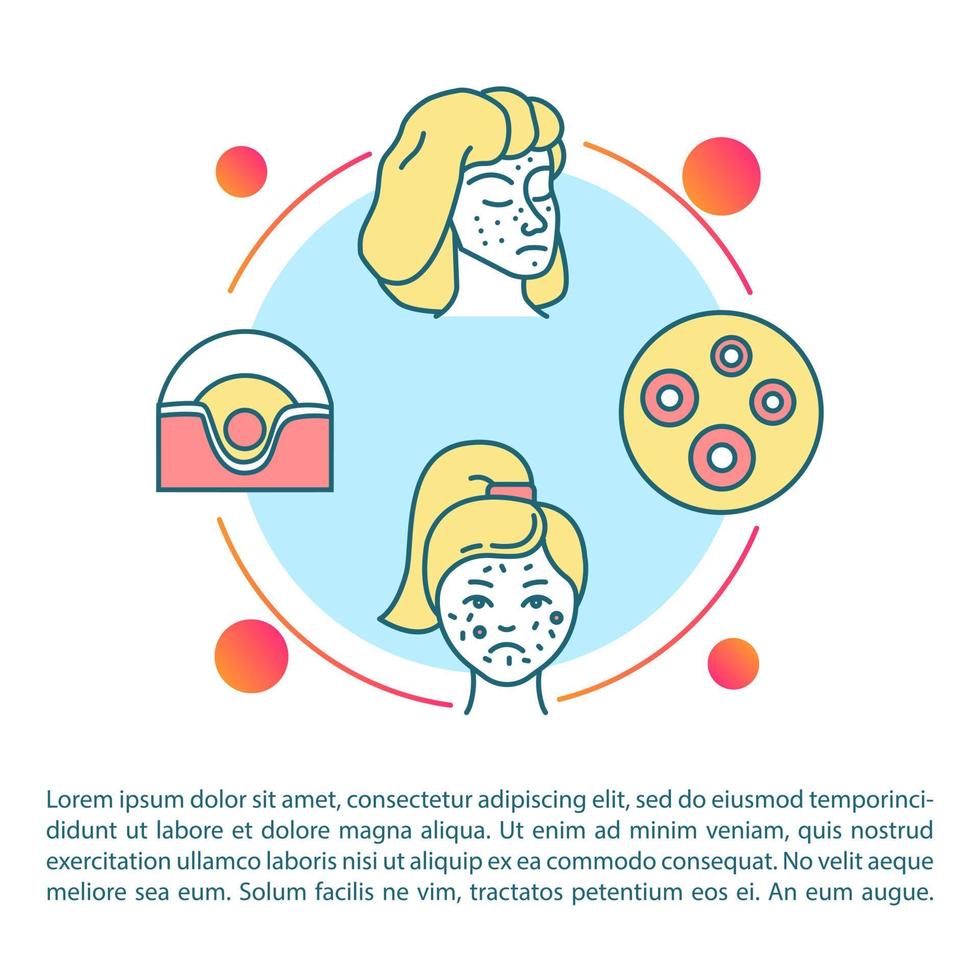 ícone de conceito de problema de pele com texto. manchas de irritação no rosto feminino. espinhas e acne. danos químicos. modelo de vetor de página ppt. folheto, revista, elemento de design de livreto com ilustrações lineares