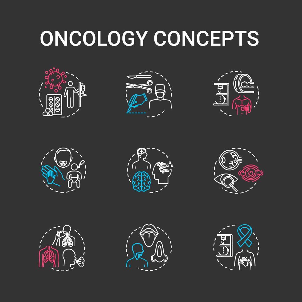 Conjunto de ícones de conceito de cor de giz oncologia rgb. tipos de doenças cancerígenas e tratamento. medicação de tumor. ideia de saúde. ilustrações vetoriais isoladas de quadro-negro em fundo preto vetor