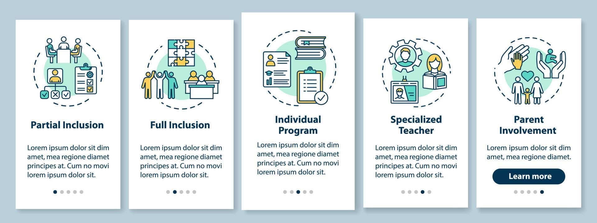 Tela da página do aplicativo móvel de integração educacional inclusiva com conceitos. assistência educacional para deficientes físicos passo a passo de cinco etapas de instruções gráficas. modelo de vetor ui com ilustrações coloridas rgb