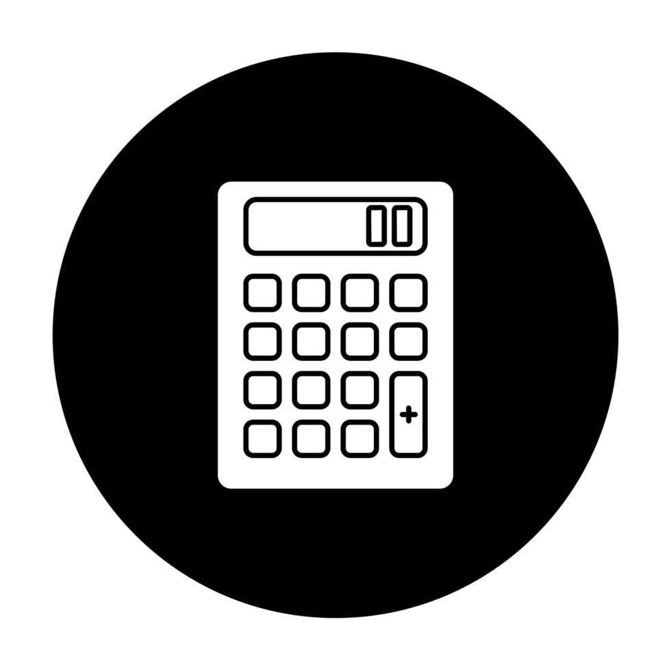 ícone de glifo da calculadora de bolso. cálculo matemático. contagem rápida. pequeno dispositivo eletrônico. contabilidade. finança. tecnologia. dispositivo móvel. ilustração em vetor silhueta branca em círculo preto