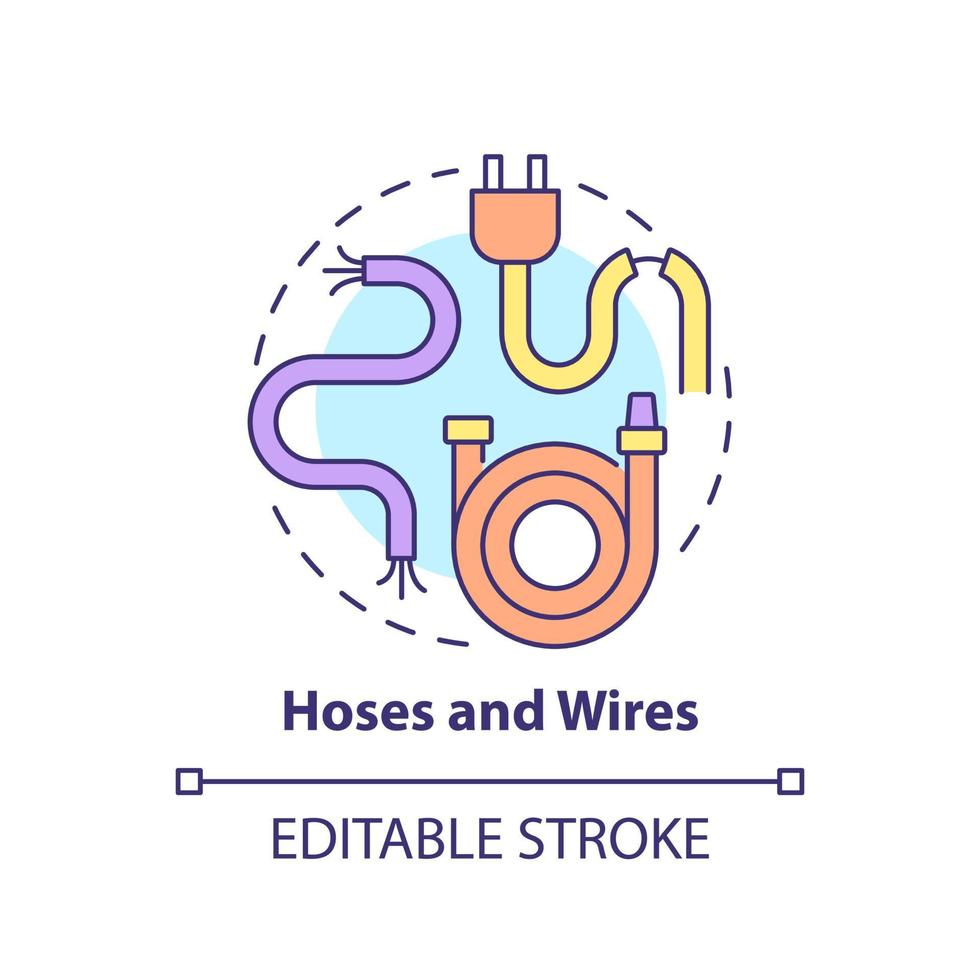 ícone do conceito de mangueiras e fios. coleta e descarte de resíduos ilustração de linha fina de ideia abstrata. mangueira de jardim e reciclagem de fios elétricos. desenho de cor de contorno isolado vetor. curso editável vetor