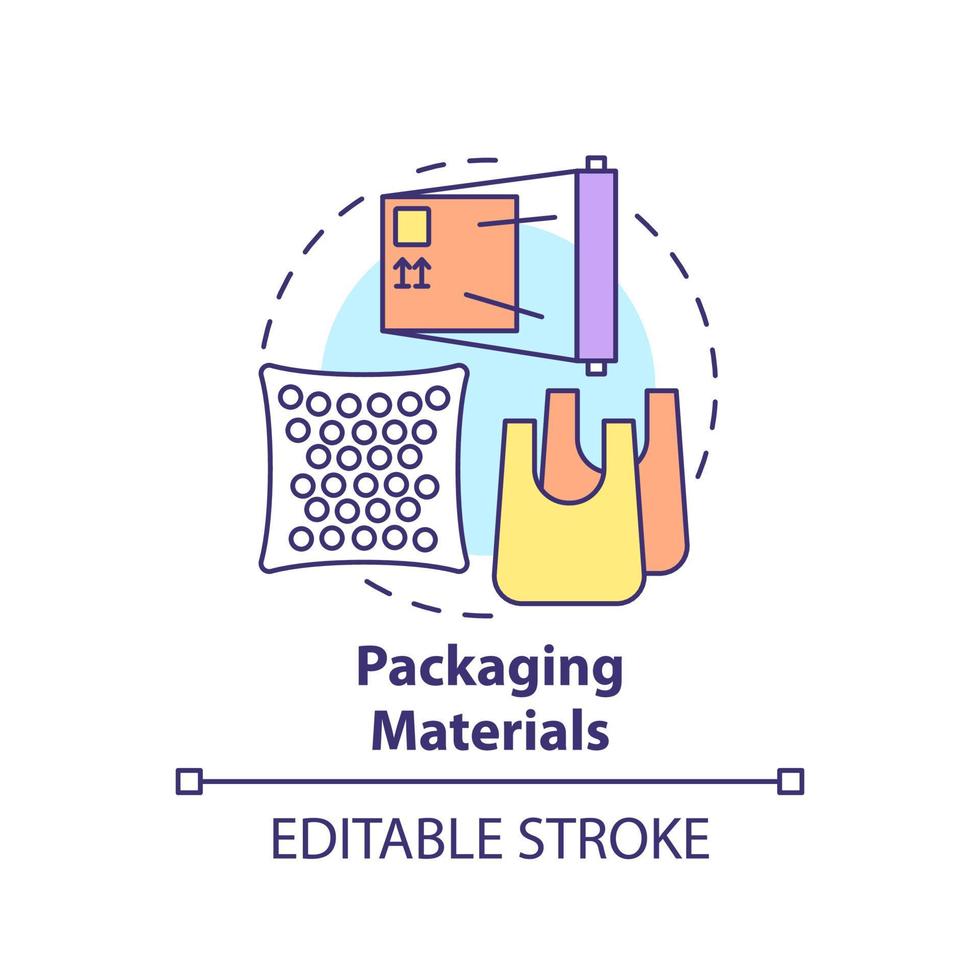 ícone do conceito de materiais de embalagem. gestão de resíduos ilustração de linha fina ideia abstrata. reciclagem de embalagens plásticas. reprocessamento de material de embalagem. desenho de cor de contorno isolado vetor. curso editável vetor