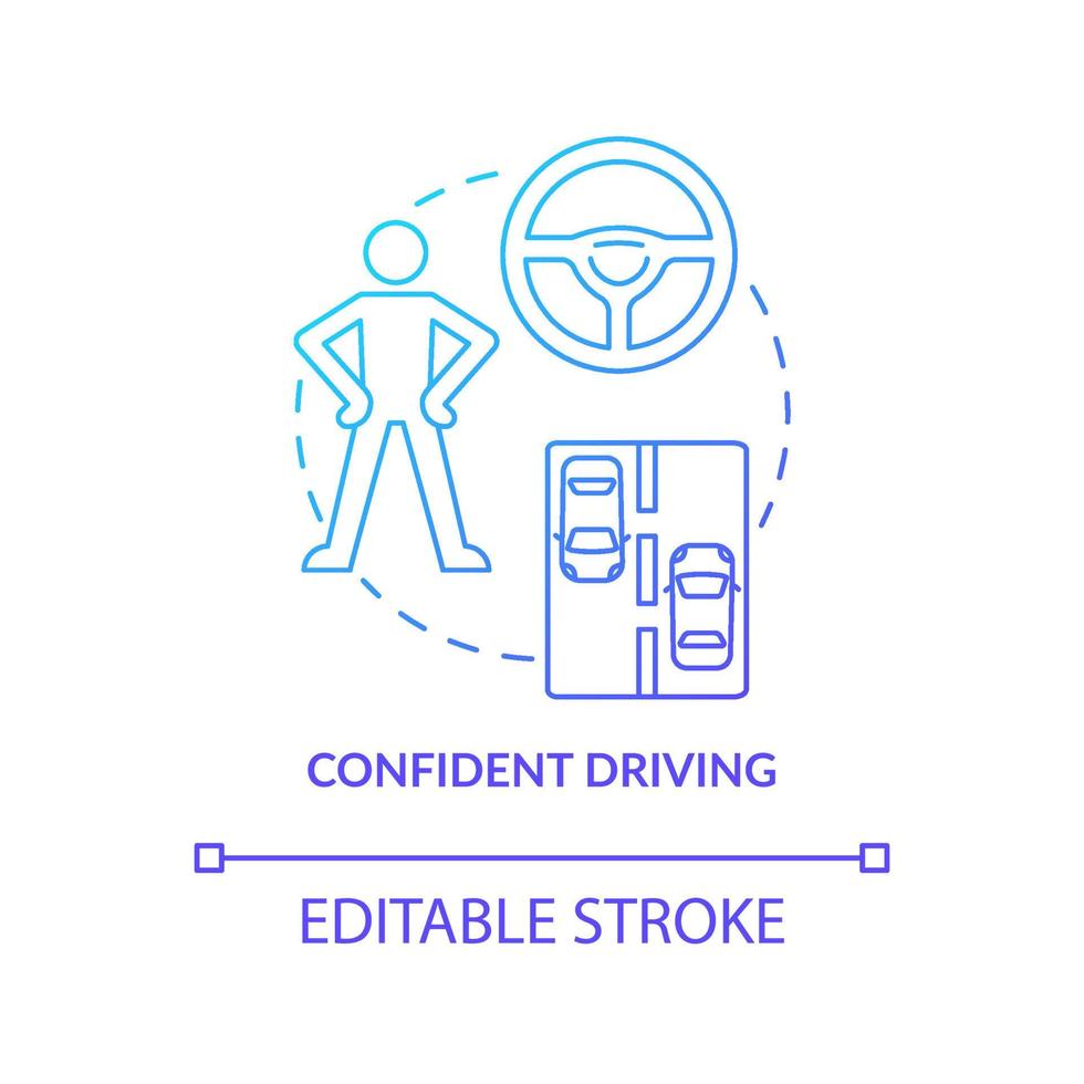 confiante dirigindo o ícone do conceito de gradiente azul. escola de condução resultado ideia abstrata ilustração de linha fina. aprendizagem e prática. motorista experiente. desenho de cor de contorno isolado de vetor