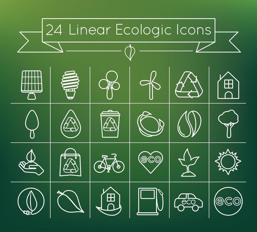 Conjunto de ícones de 24 vetores ecológicos lineares simples