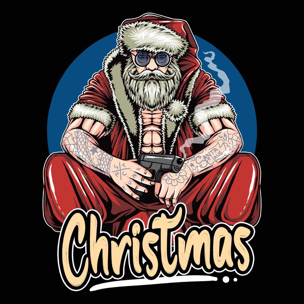 Papai Noel com uma tatuagem e armado parece ser um líder gangster vetor