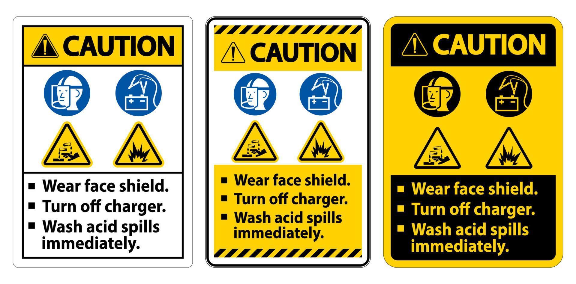 sinal de alerta, use protetor facial, desligue o carregador, lave derramamentos de ácido imediatamente vetor