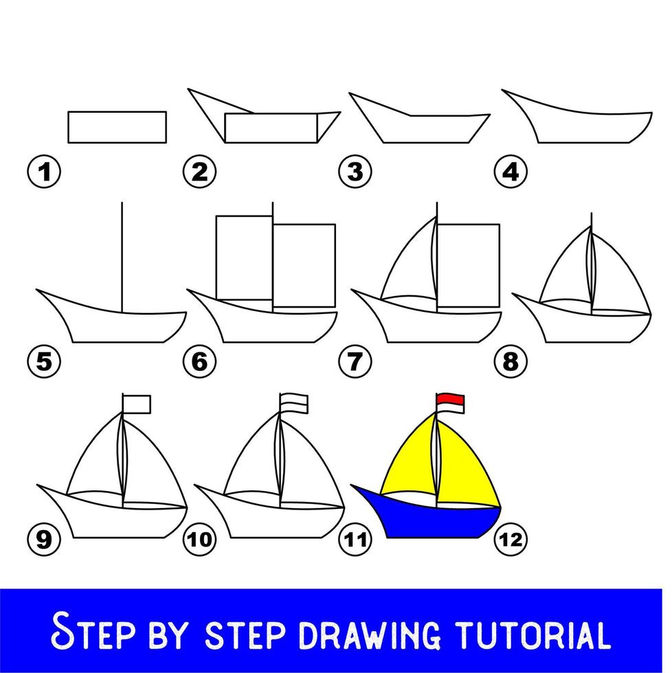 jogo infantil para desenvolver habilidade de desenho com nível de jogo fácil para crianças pré-escolares, desenho de tutorial educacional para barco. vetor