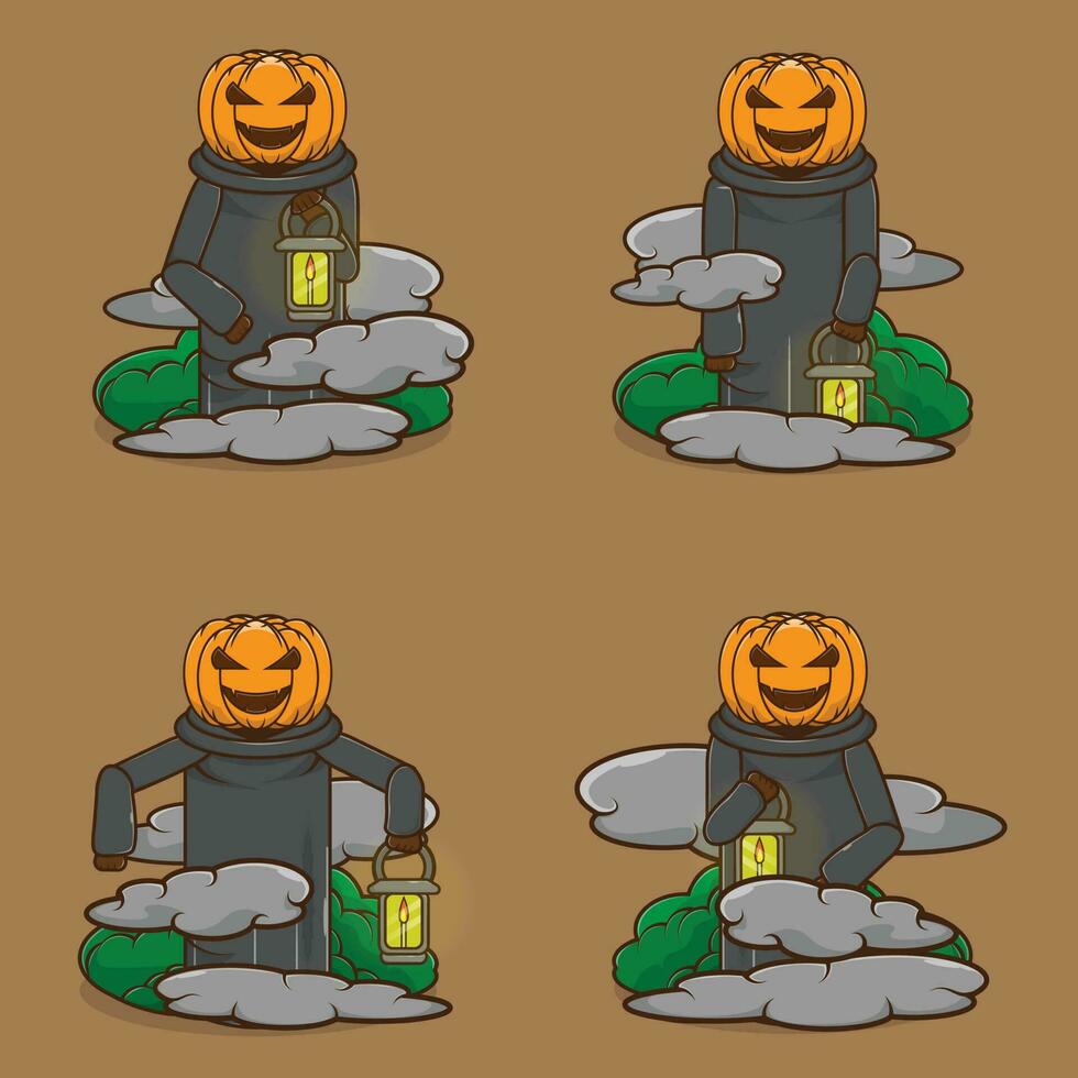 conjunto de ilustrações vetoriais de ícones assustadores de jack o lantern carregando lanternas quando está nublado. jack o lantern encapuzado. ícone de prêmio de conceito de personagem assustador de halloween. estilo cartoon plana vetor