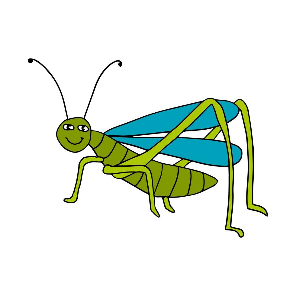 bonito dos desenhos animados doodle gafanhoto feliz isolado no fundo branco. inseto de verão, animal selvagem. vetor