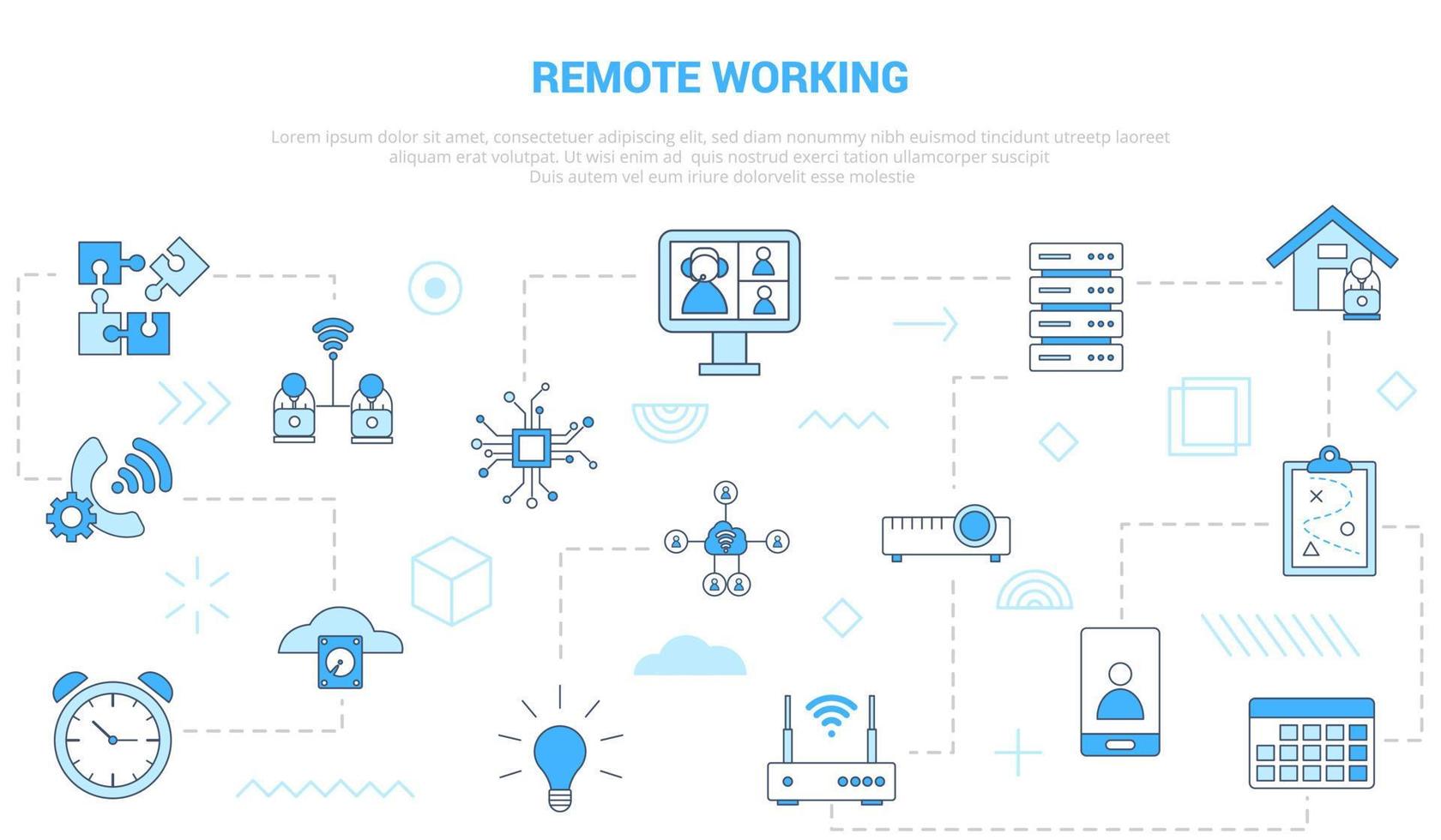 conceito de trabalho remoto com banner de modelo de conjunto de ícones com estilo moderno de cor azul vetor