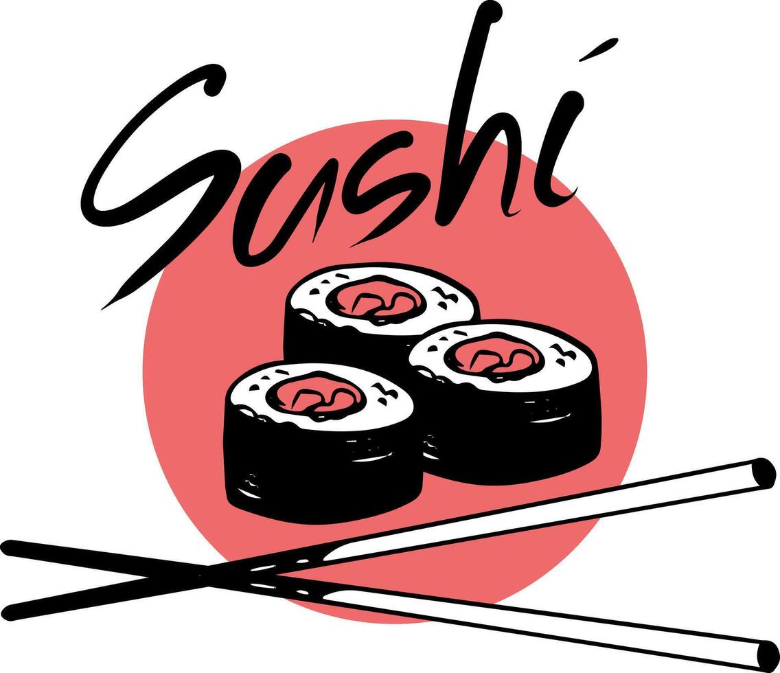 Sushi restaurante mão desenhado logotipo com maki lista e letras em vermelho círculo fundo vetor