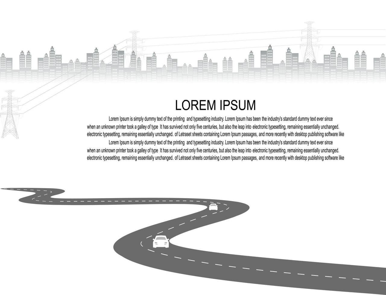 jornada rodoviária para o futuro. rua de asfalto isolada no fundo da cidade. símbolos caminho para o objetivo do ponto final. caminho significa planejamento de negócios bem-sucedido, adequado para publicidade e presentstation vetor