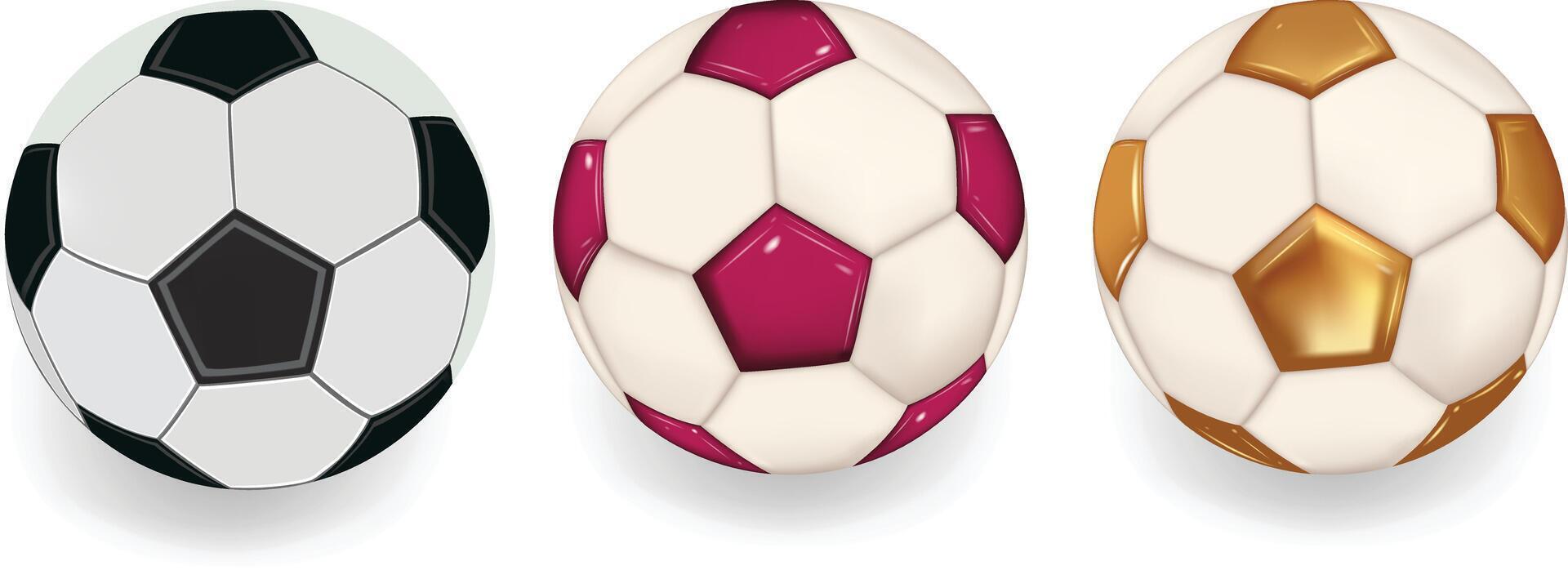 futebol bola. 3 bolas de futebol conjunto realista 3d Projeto estilo. couro textura dourado e branco Preto cor vetor