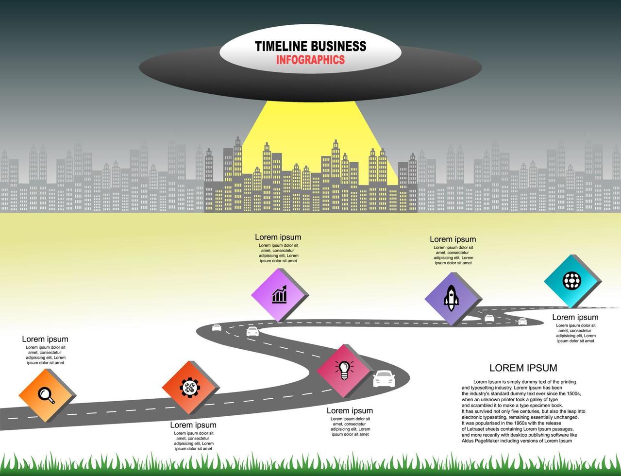 vetor modelo infográfico cronograma de operações comerciais com bandeiras e espaços reservados em estradas curvas. símbolos, etapas para um planejamento de negócios bem-sucedido, adequado para publicidade e apresentações