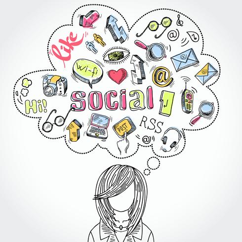 Doodle sonhos e pensamentos de mídias sociais vetor