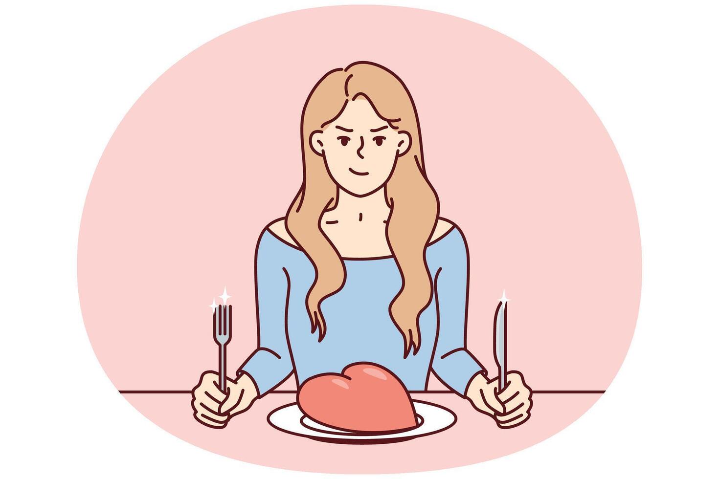 franzindo a testa mulher senta às mesa com gigante coração dentro prato e detém garfo com faca. imagem vetor