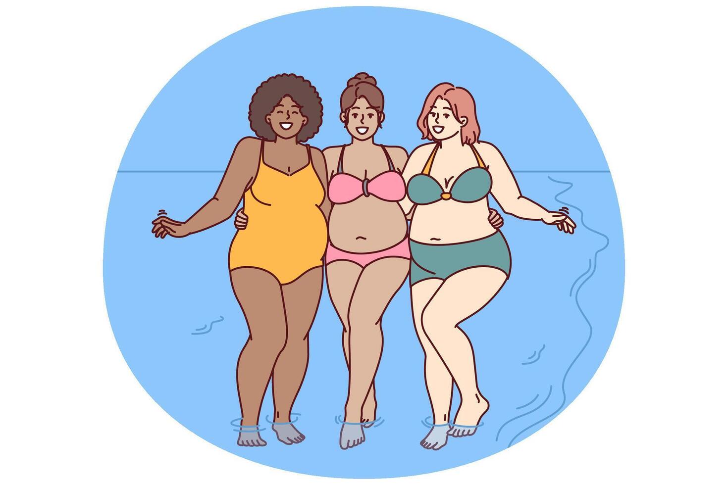 alegre mais Tamanho mulheres vestido dentro roupa de banho ficar de pé abraçando em ensolarado de praia perto mar água vetor