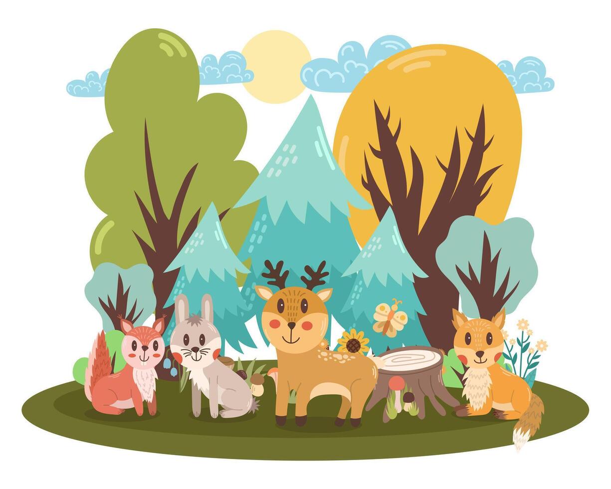 fofa ilustração com floresta animais dentro a floresta - cervo, lebre, esquilo e Raposa. crianças cena. vetor