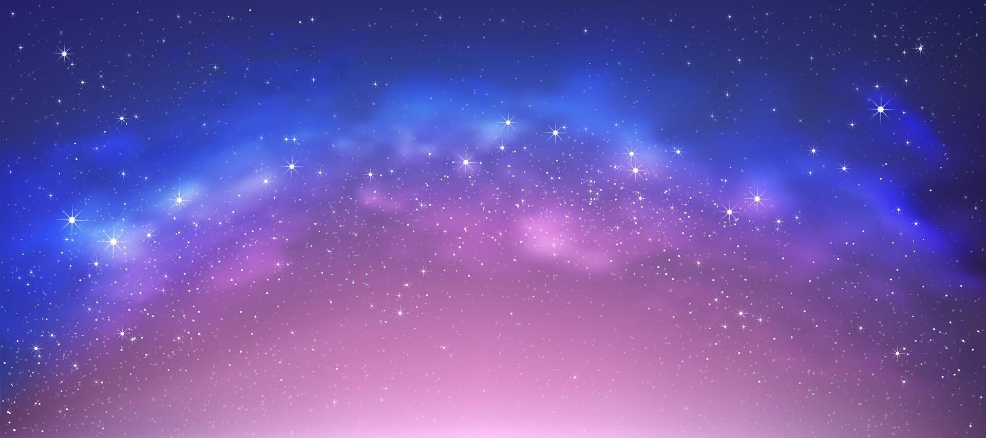 noite céu galáxia, nuvem com nebulosa, estrelada dentro Sombrio azul fundo, universo preenchidas com Estrela luz dentro roxo, rosa, lindo natureza Estrela campo com leitoso caminho, horizonte bandeira colorida cosmos, poeira estelar vetor