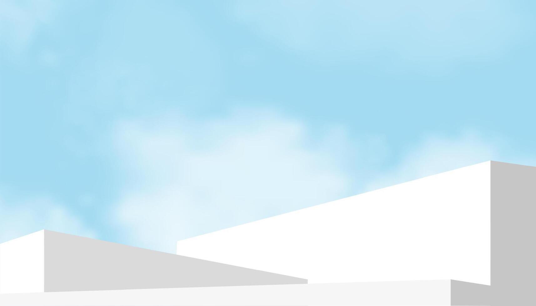 branco pódio degrau em céu azul e nuvem plano de fundo, plataforma 3d brincar exibição degrau para verão Cosmético produtos apresentação para venda, promoção, web on-line, cena natureza Primavera céu com construção parede vetor