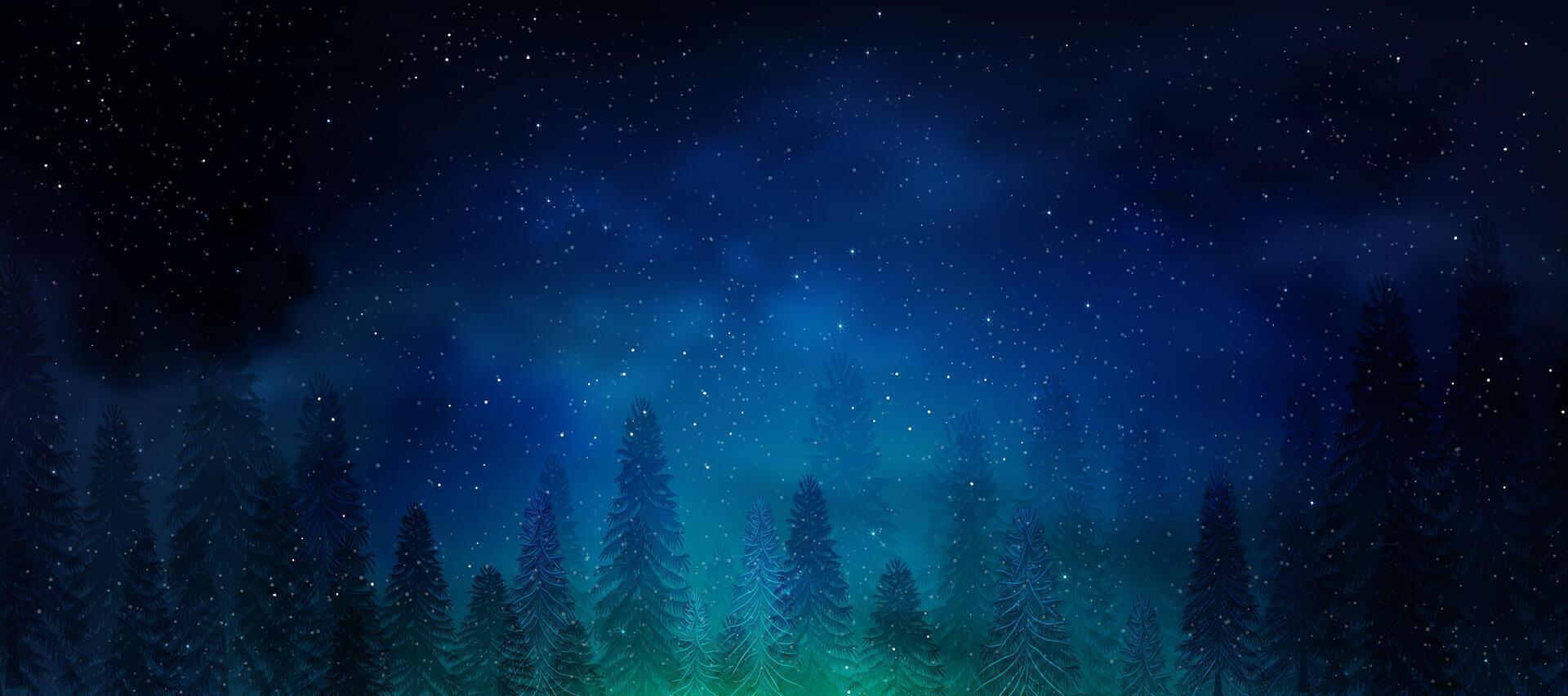 Natal fundo, inverno noite céu Sombrio azul com estrelado, nevado dentro bosque panorama com abetos, coníferas floresta pinho e queda neve, bandeira para natal, novo ano feriados 2025 cumprimento cartão vetor