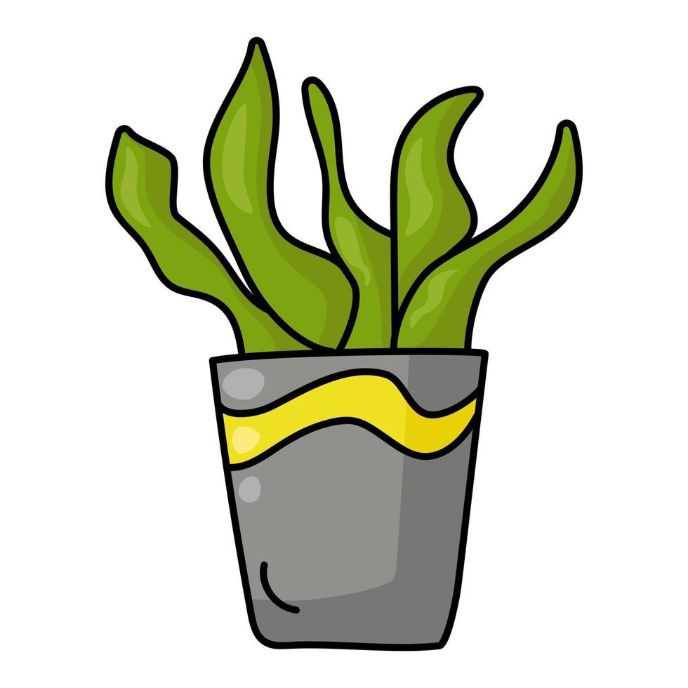 planta de casa exuberante com folhas verdes em um vaso cinza, folhas verdes brilhantes de uma flor doméstica ou folhagem em estilo doodle vetor