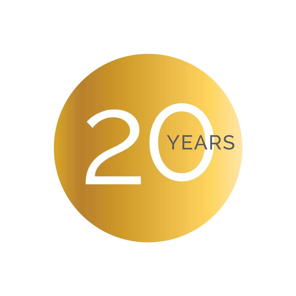 Modelo de banner de ouro do 20º aniversário, rótulos do vigésimo jubileu, logotipo de aniversário da empresa, ilustração vetorial vetor