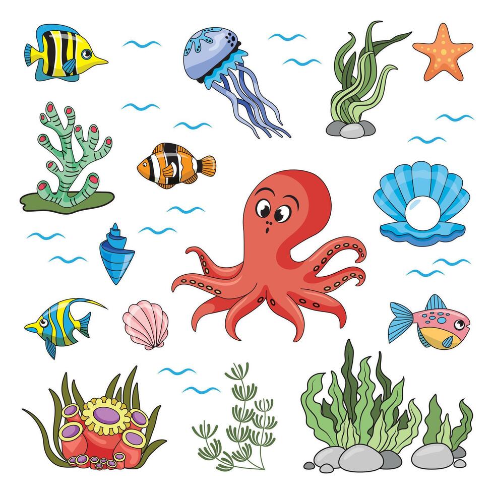 uma conjunto do mar criaturas dentro desenho animado estilo. peixe, oceano, cartuchos, algas e corais. cor ilustração para crianças livros e ativista livros vetor