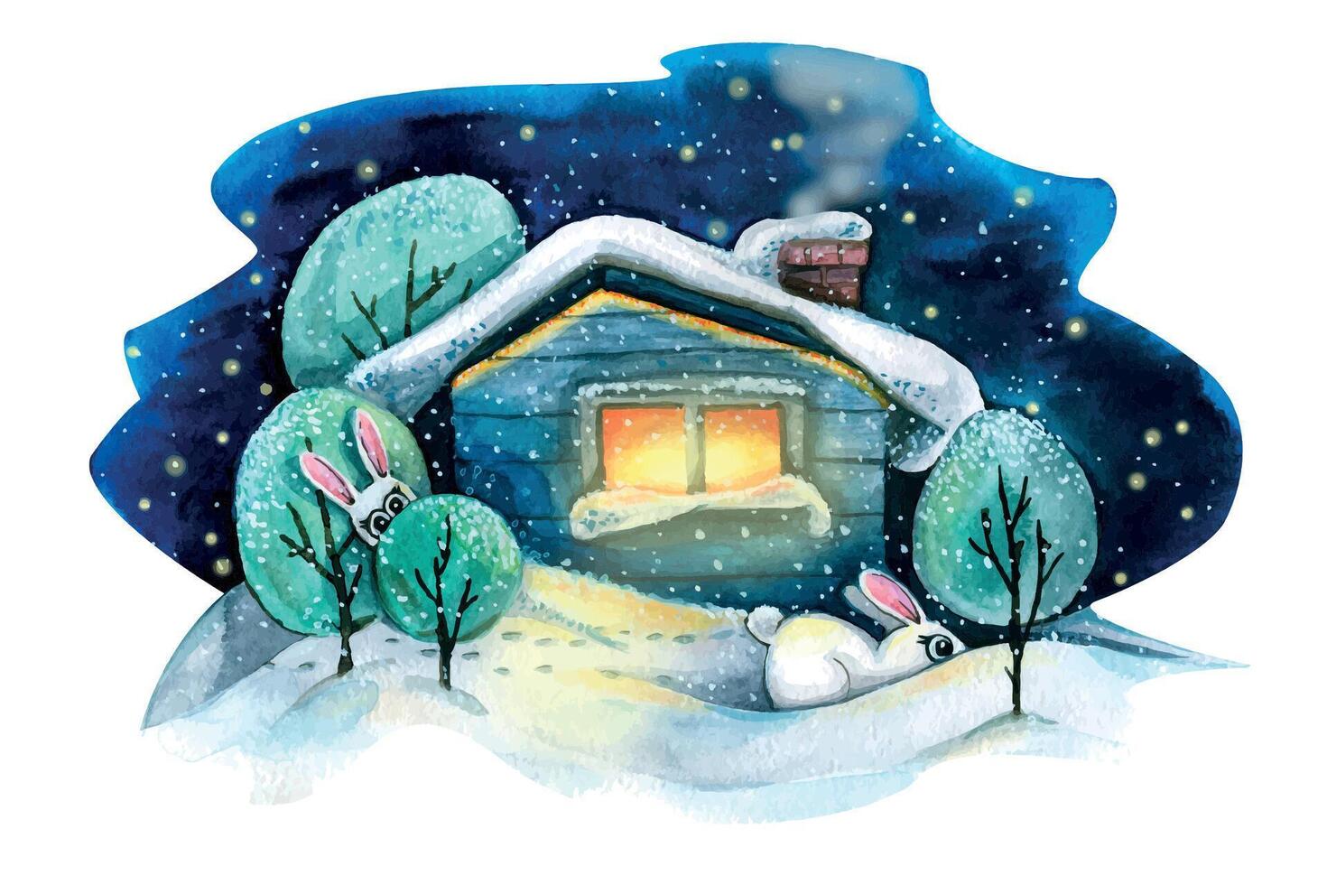 uma rústico casa dentro a neve com árvores e fofa coelhinhos. inverno panorama. aguarela ilustração. para a Projeto e decoração do cartões postais, cartazes, bandeiras, livros, embalagem, calendário. vetor