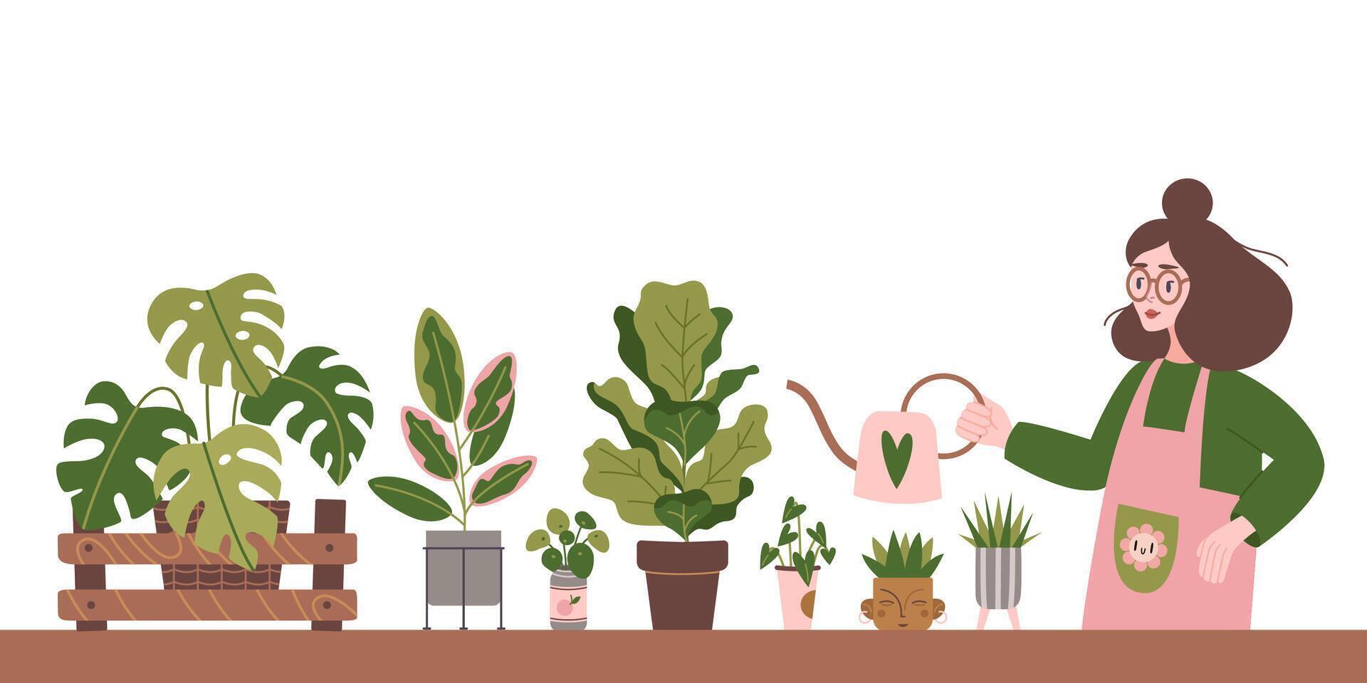 uma mulher dentro a avental rega plantas de casa, desenho animado estilo. em vaso plantas para interior. urbano acolhedor casa jardinagem passatempo. na moda moderno isolado ilustração, mão retirou, plano vetor