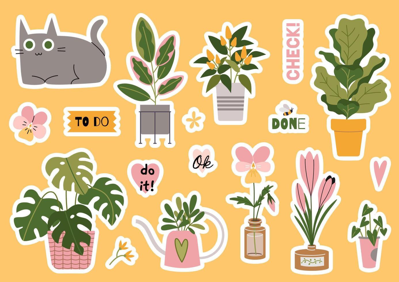 fofa pacote de adesivos com natural plantar elementos e na moda letras, desenho animado estilo. plantas de casa, flores e gato. urbano acolhedor lar. conjunto do adesivos para planejador e diários, plano ilustração vetor