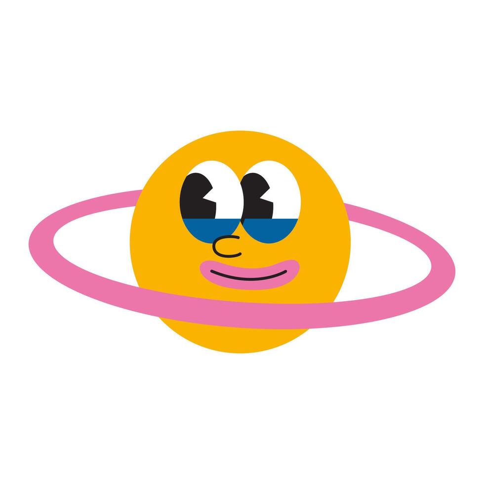 engraçado planeta Saturno emoji com anel, desenho animado estilo, vintage groovy personagens. na moda moderno ilustração isolado em branco fundo, mão retirou, plano Projeto vetor