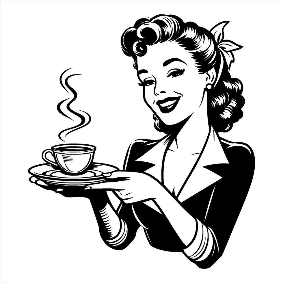 vintage retro anos 40 sorridente mulher oferta uma copo do café linha arte desenhando 02 vetor