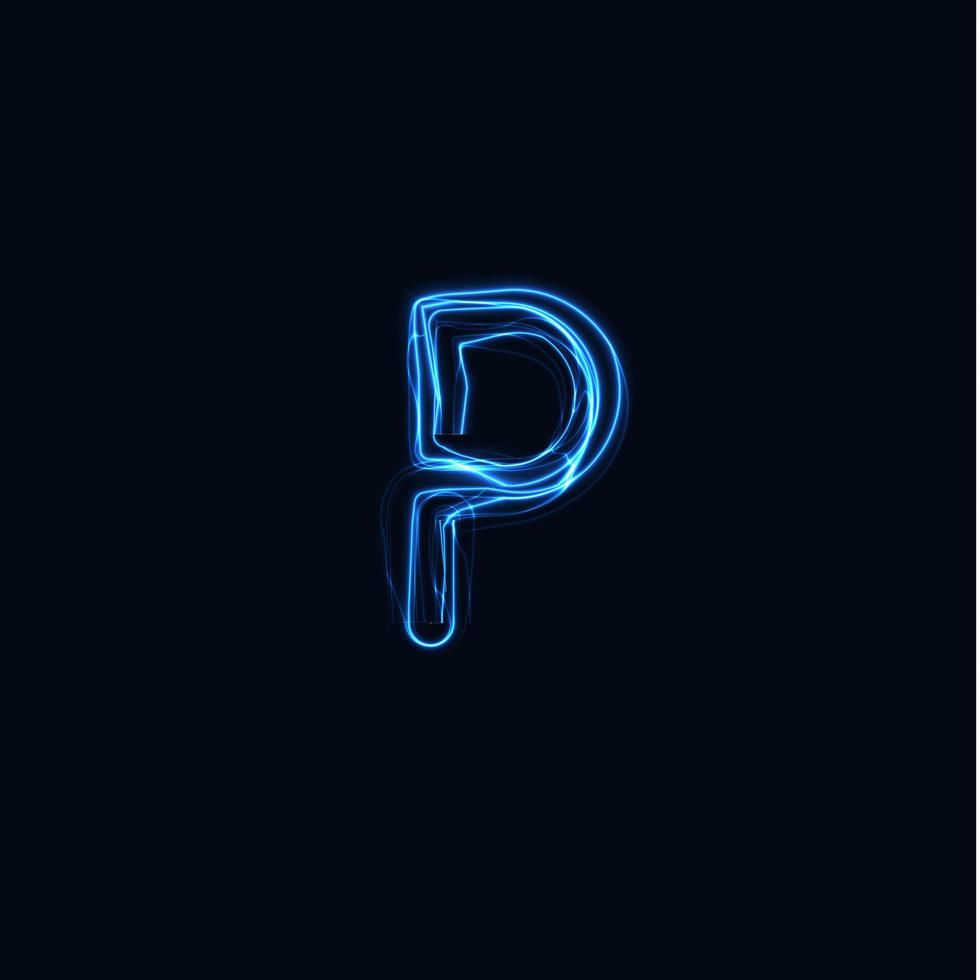 relâmpago realista letra p, logotipo de luva brilhante, símbolo de estilo de brilho de energia elétrica, sinal de tipo de plasma tesla azul. ilustração em vetor raio, design de tipografia