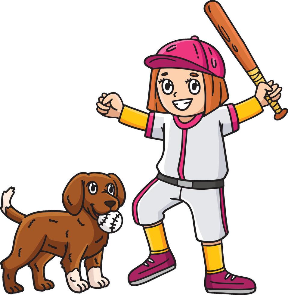 menina jogando beisebol com uma cachorro desenho animado clipart vetor