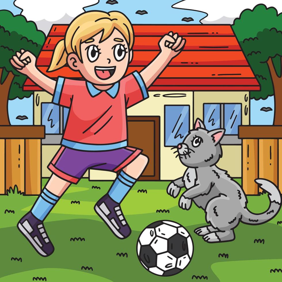 menina e gato jogando futebol colori desenho animado vetor