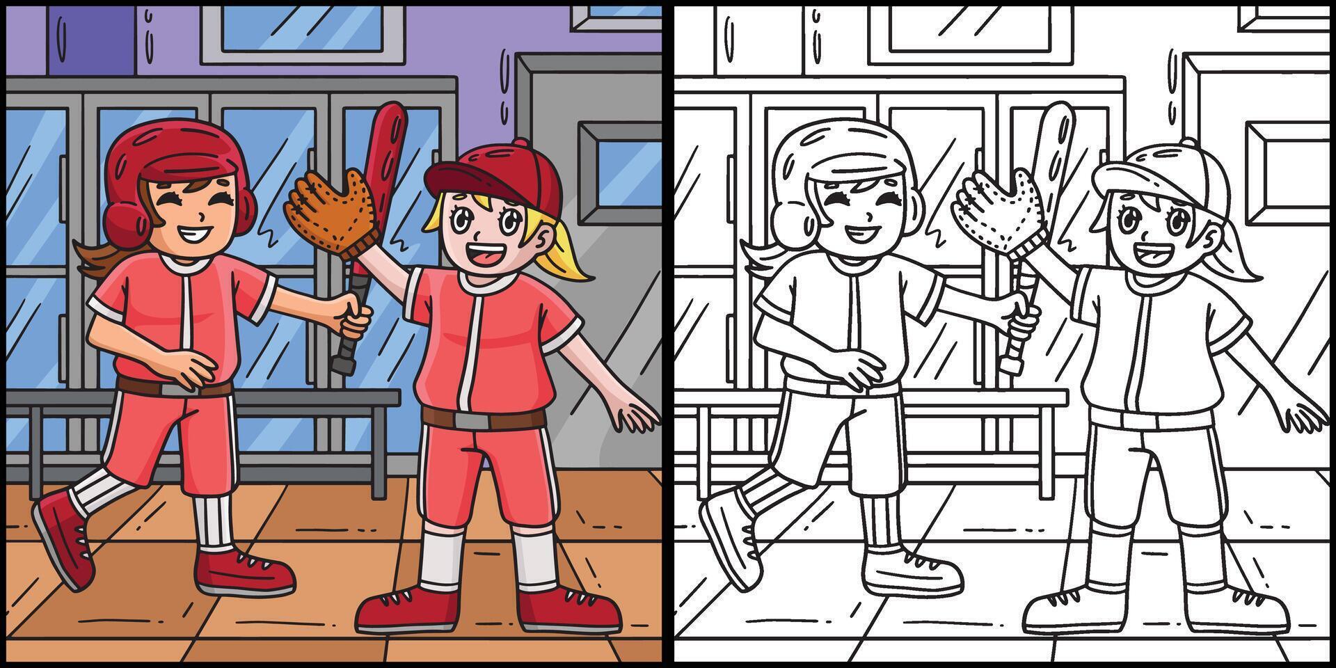 beisebol menina companheiro de time coloração página ilustração vetor